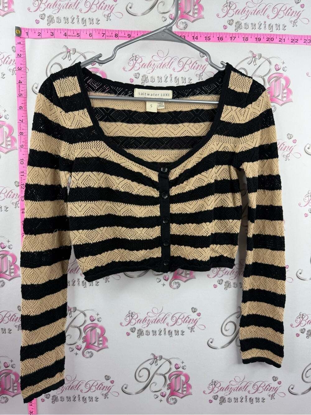 Saltwater Luxe cardigan knit Black & Beige Striped Cropped Button Cardigan